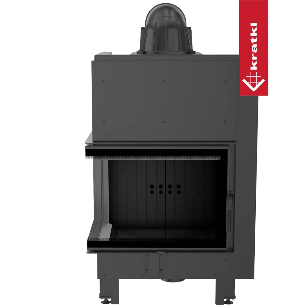 Kratki MBZ Links, moderne zwarte inbouwhaard met glazen deur en metalen afwerking.