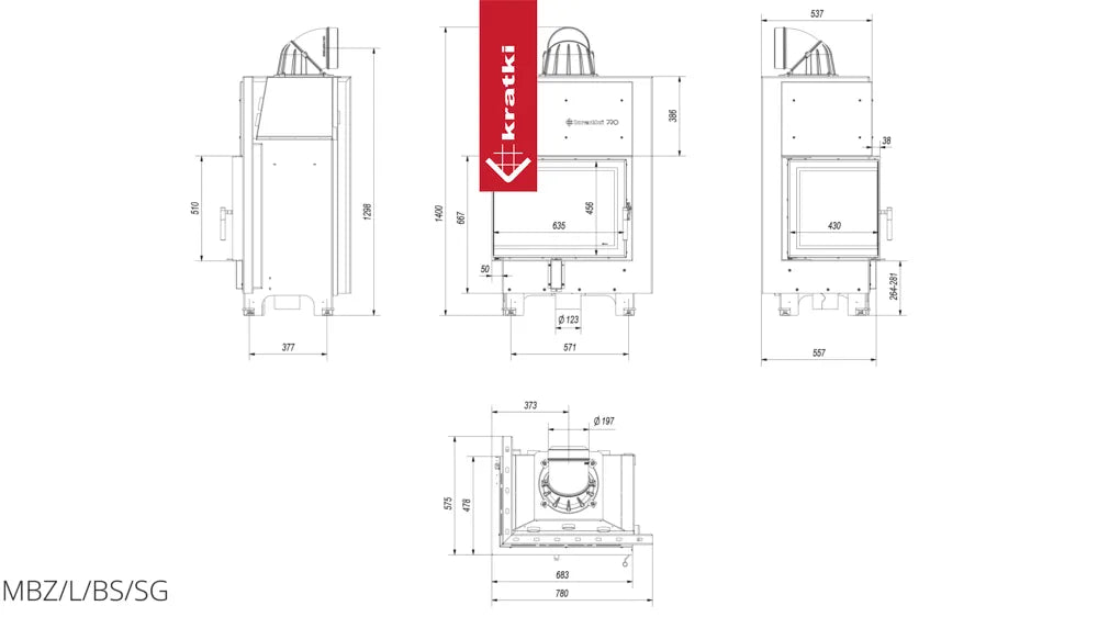 Technische tekening van Kratki MBZ Links haard met afmetingen en specificaties.