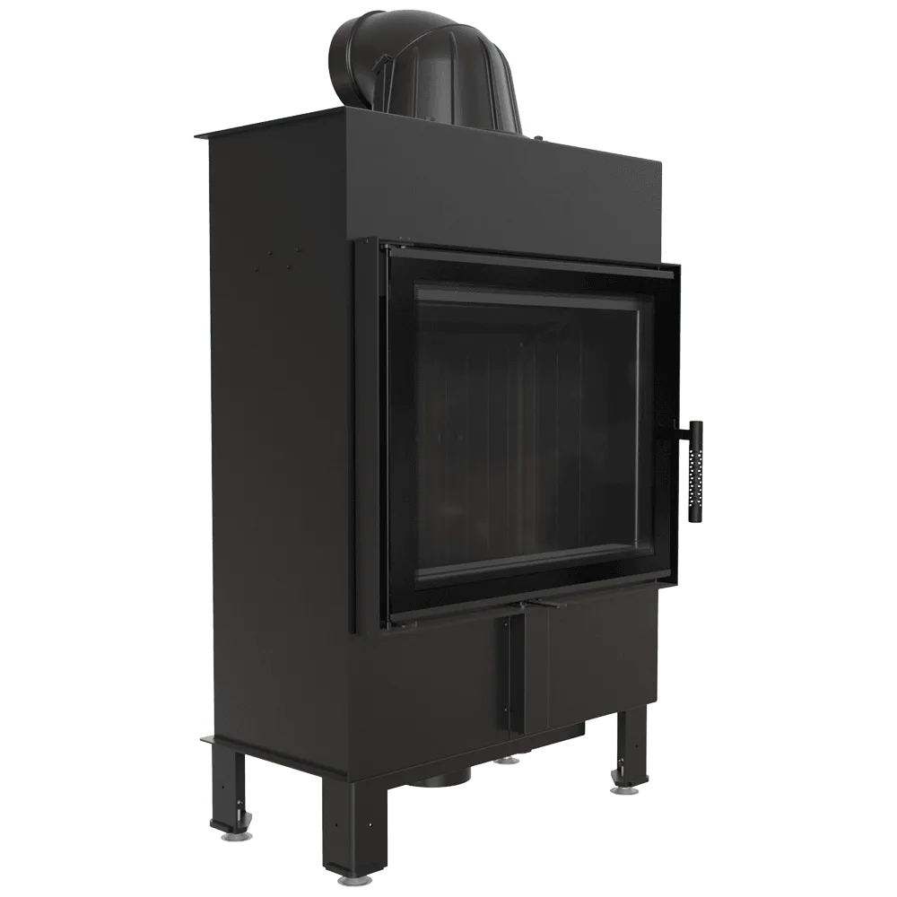 Zwarte Kratki Lucy 12 kW Slim houtkachel met glazen deur en metalen handvat.