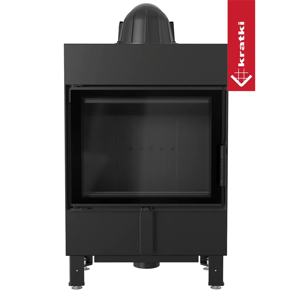 Zwarte Kratki Lucy 12 kW Slim houtkachel met glazen deur en strak ontwerp.