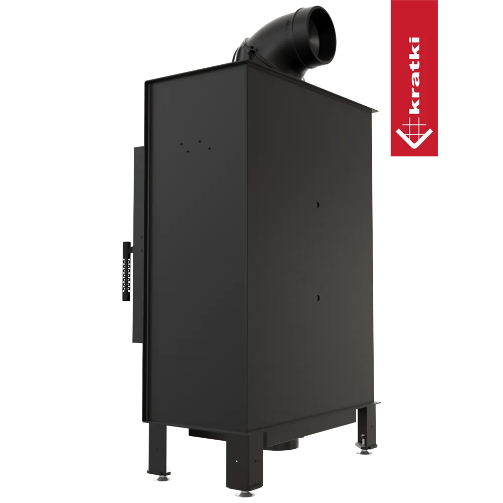 Kratki Lucy 12 kW Slim, zwarte vrijstaande houtkachel met bovenafvoer en merklogo aan de zijkant.