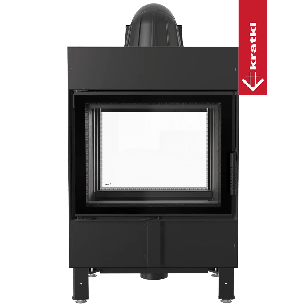 Kratki Lucy 12 kW Tunnel, moderne doorkijkhaard met zwart metalen frame en glazen deur.
