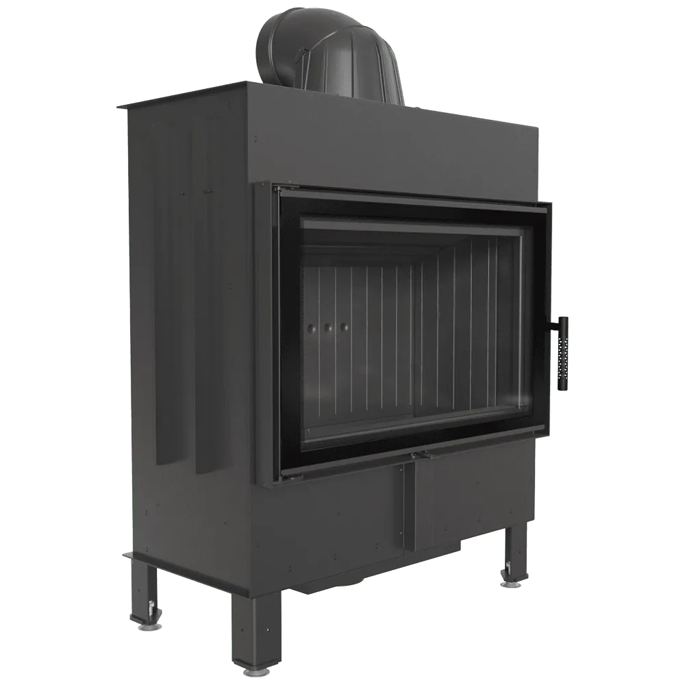 Zwarte Kratki Lucy 14 kW houtkachel met glazen deur en verstelbare poten.