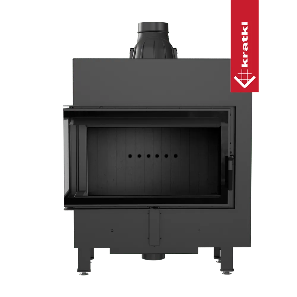 Kratki Lucy 14 kW Slim Links, moderne zwarte inbouwhaard met glazen deur en strak ontwerp.