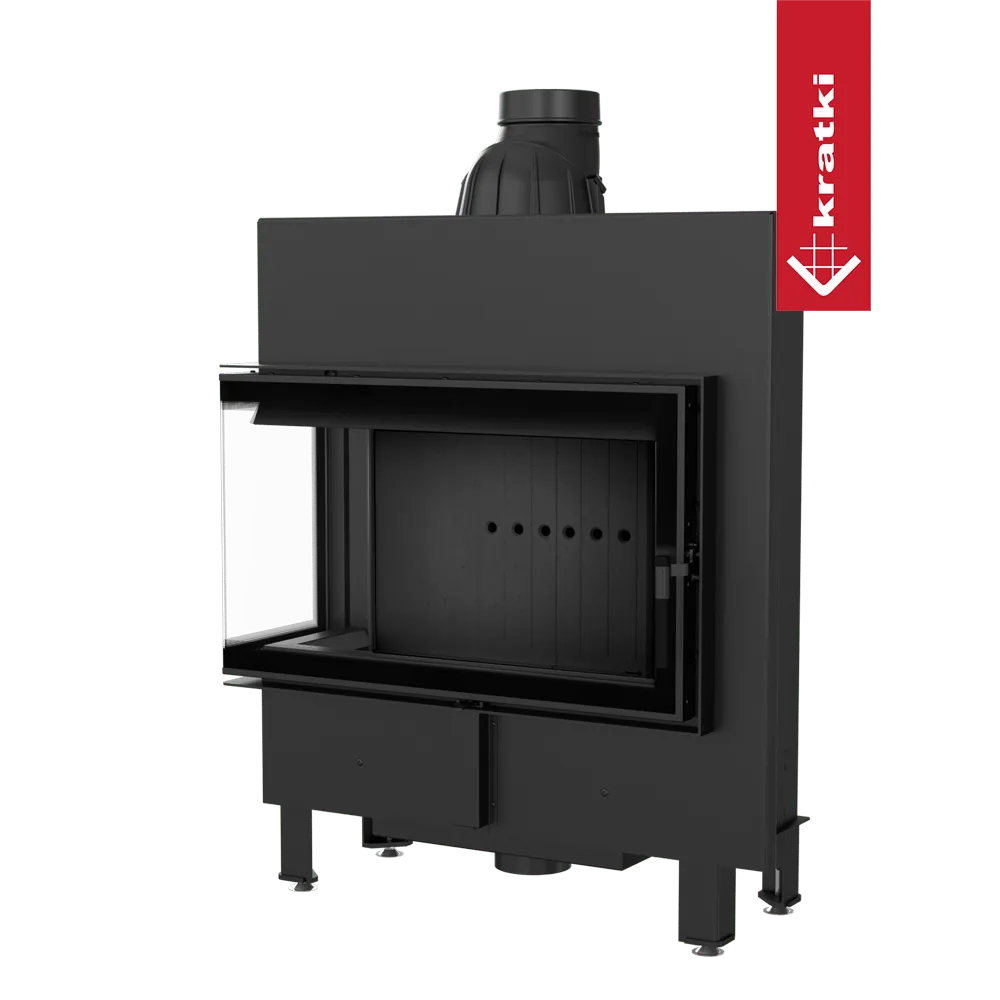 Kratki Lucy 14 kW Slim Links, moderne zwarte inbouwhaard met glazen deur en schoorsteenpijp.