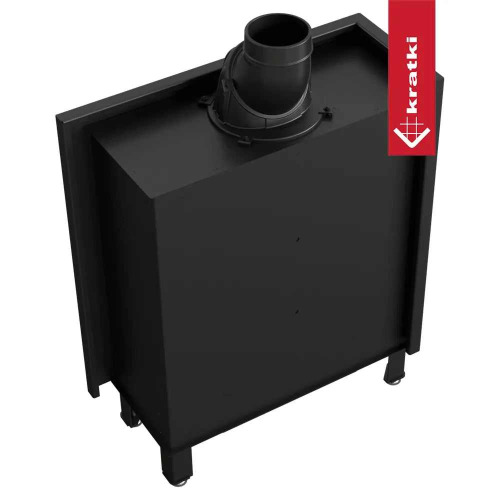Kratki Lucy 14 kW Slim Links, zwarte metalen haard met bovenste rookafvoer en Kratki-logo.
