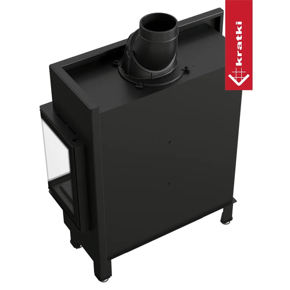 Kratki Lucy 14 kW Slim Rechts, zwarte haard met glazen zijpaneel en bovenste rookafvoer.