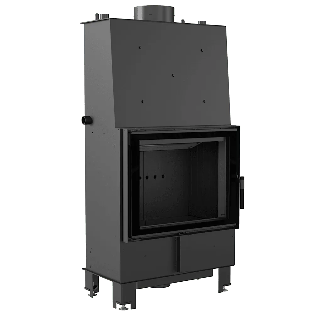 Zwarte Kratki Lucy CV 16 kW houtkachel met glazen deur en metalen behuizing.