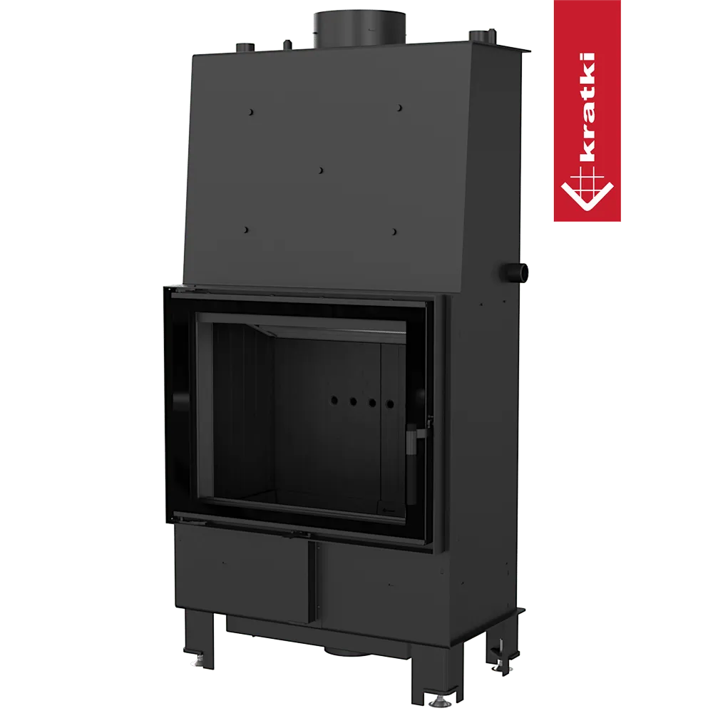 Kratki Lucy CV 16 kW houtkachel met zwart metalen behuizing en glazen deur.