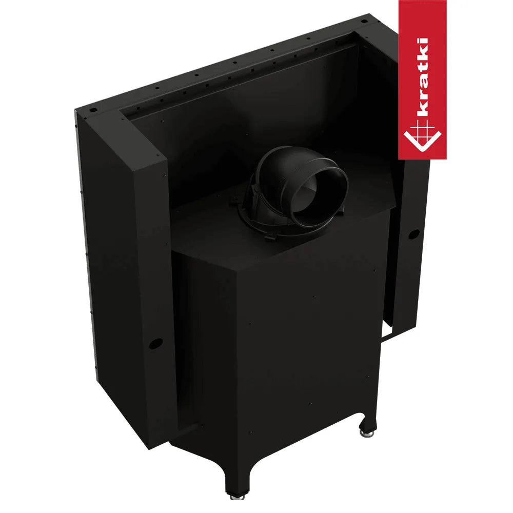 Zwarte Kratki Nadia 12 kW houtkachel met modern ontwerp en efficiënte warmteafgifte.