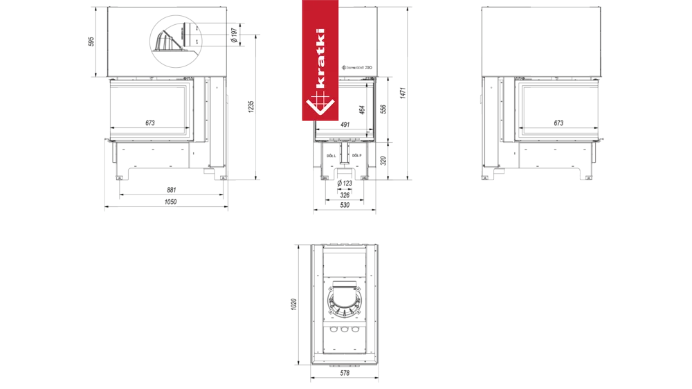 Technische tekening van Kratki NBU 500/700 haard met afmetingen en doorsneden.