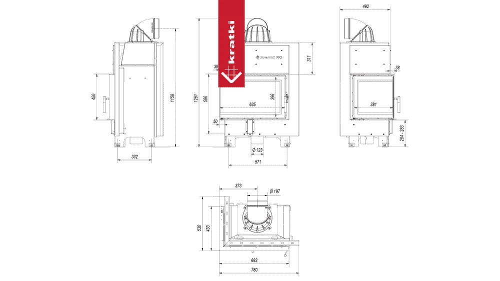 Technische tekening van Kratki MBM Links haard met gedetailleerde afmetingen en specificaties.