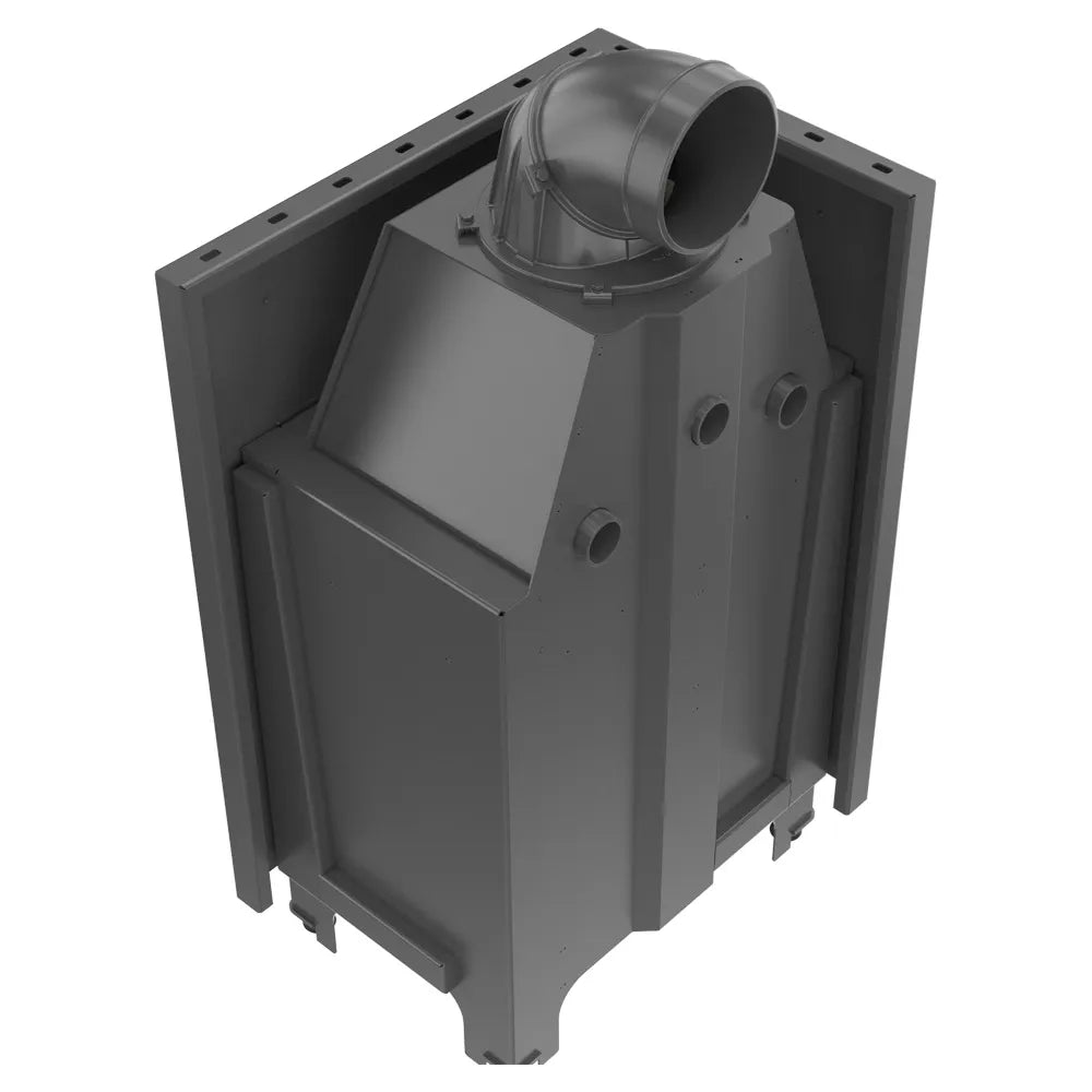 Zwarte metalen Kratki MBZ Links haard met bovenste rookafvoer en stevige constructie.
