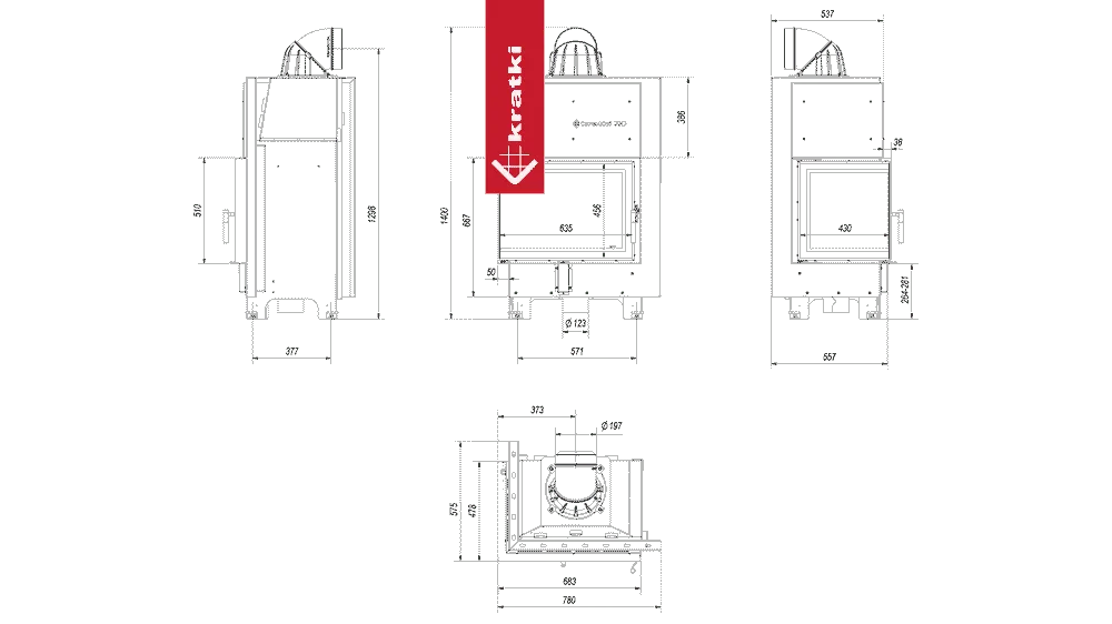 Technische tekening van Kratki MBZ Links met afmetingen en zij-, voor- en bovenaanzicht.
