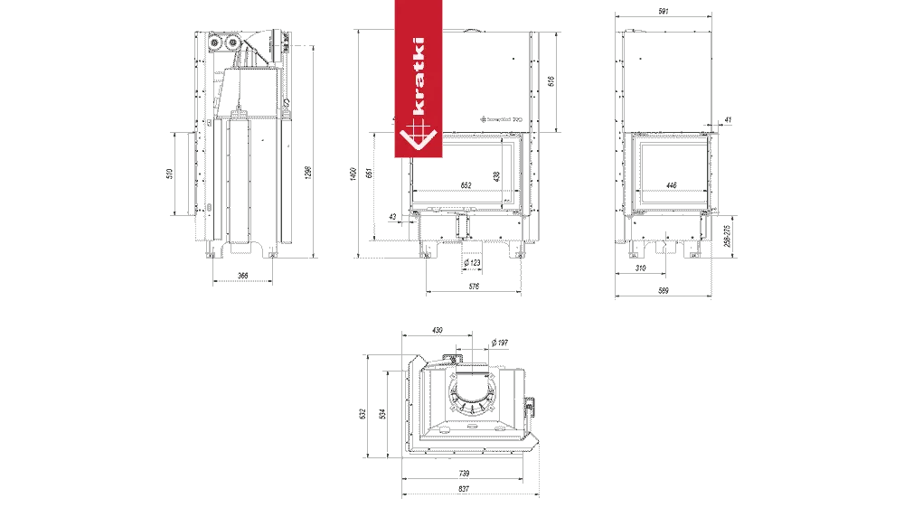 Technische tekening van Kratki MBZ Links met afmetingen en zijaanzichten.