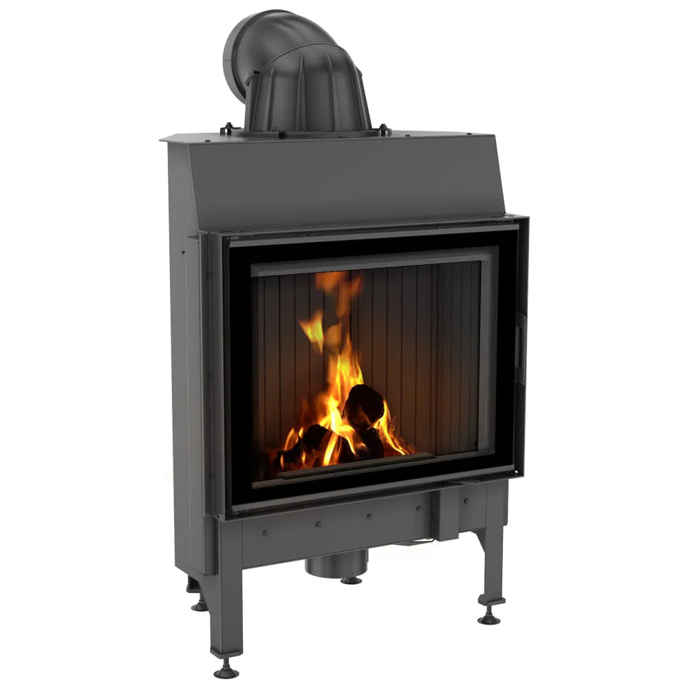 Kratki Nadia 10 kW houtkachel met brandend vuur, moderne zwarte behuizing en glazen deur.