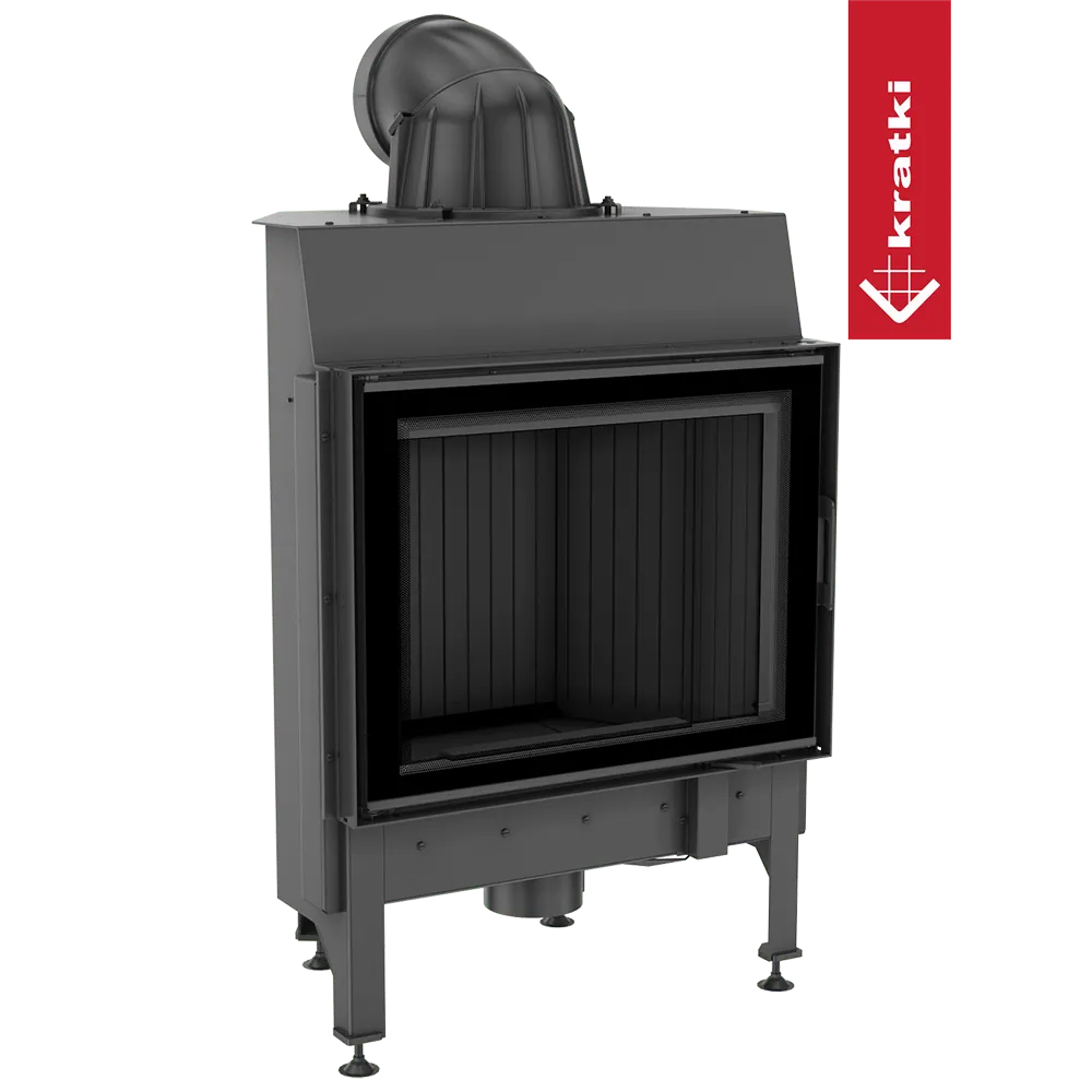 Zwarte Kratki Nadia 10 kW houtkachel met glazen deur en metalen afwerking.
