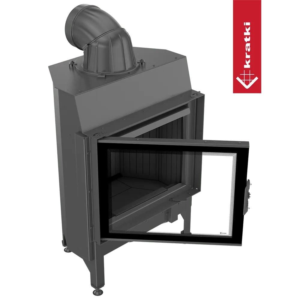 Kratki Nadia 10 kW houtkachel met open deur en schoorsteenpijp, zwart metalen ontwerp.