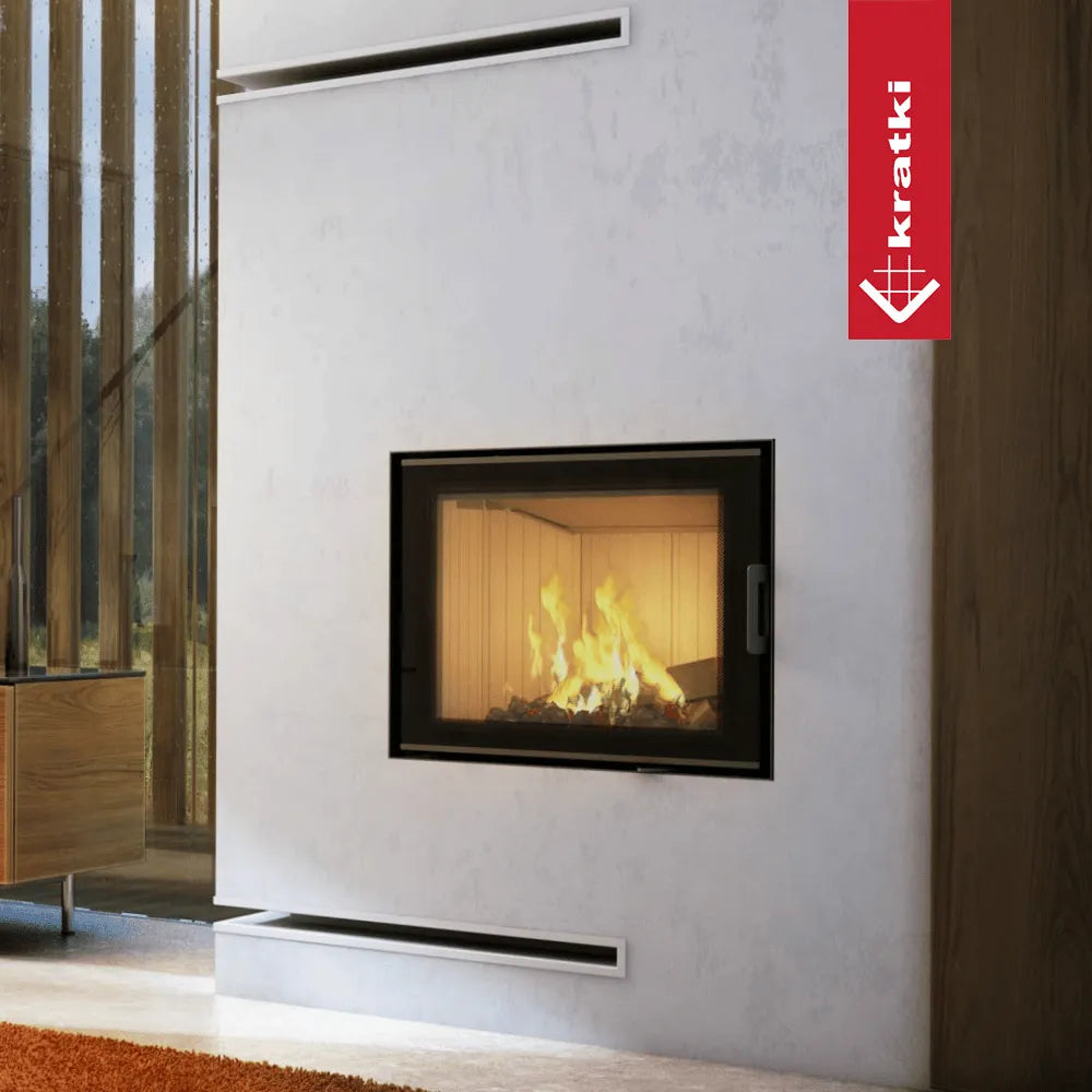 Kratki Nadia 10 kW ingebouwde haard in moderne woonkamer met houten accenten.