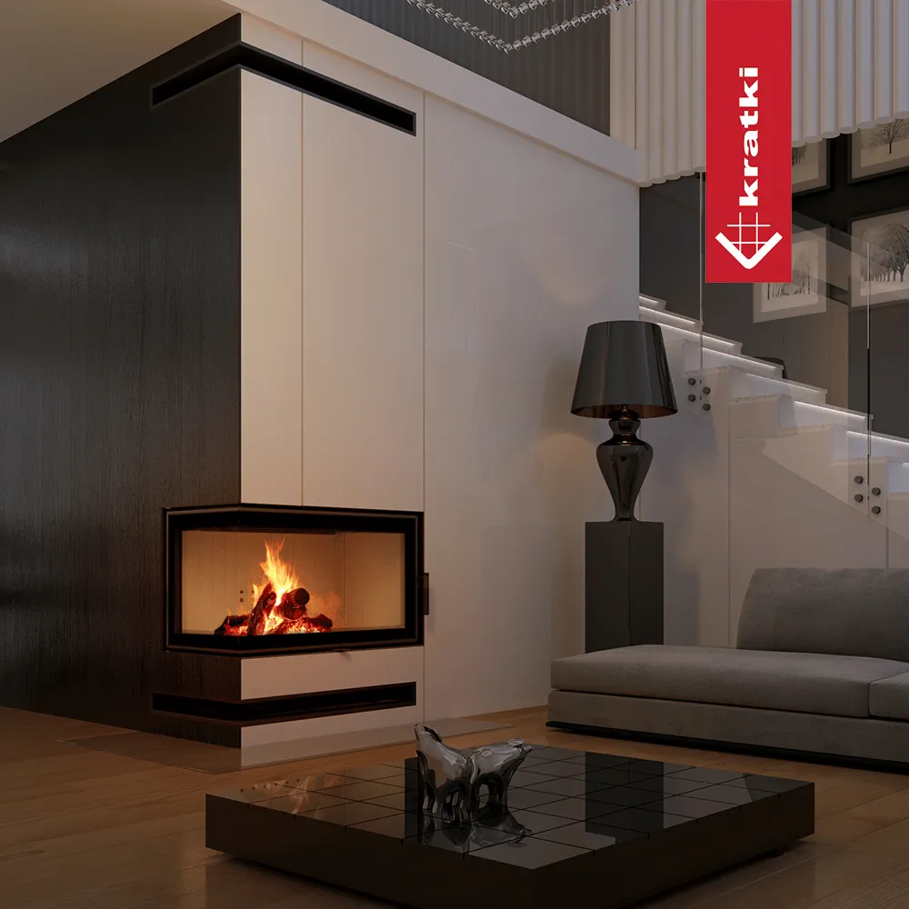 Moderne woonkamer met Kratki MBO Links haard, grijze bank, zwarte lamp en glazen salontafel.