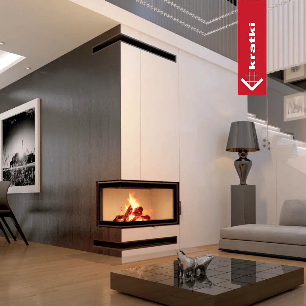 Moderne woonkamer met Kratki MBO Links haard, strakke inrichting en kunst aan de muur.