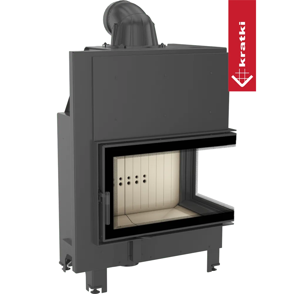 Kratki MBO Rechts, moderne inbouwhaard met glazen hoekdeur en zwart metalen frame.