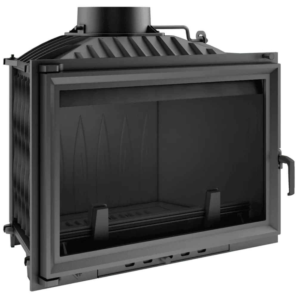 Zwarte Kratki Wiktor houtkachel met glazen deur en robuust metalen frame.