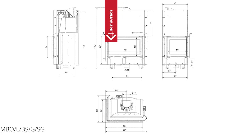 Technische tekening van Kratki MBO Links haard met gedetailleerde afmetingen en specificaties.