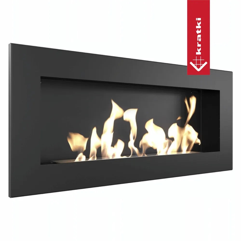 Kratki Delta2 Slim TÜV, moderne zwarte wandhaard met levendige vlammen en strak design.