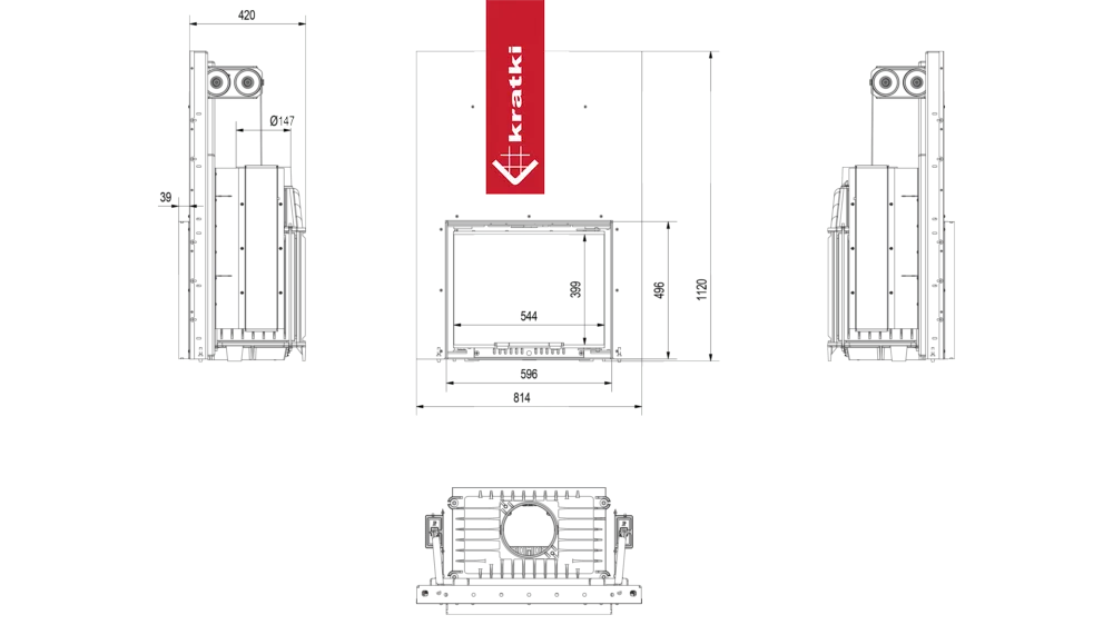 Technische tekening van Kratki Maja haard met afmetingen en zijaanzichten.