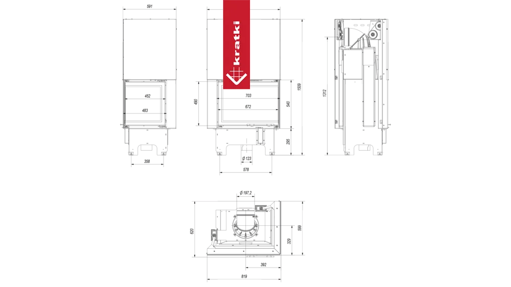 Technische tekening van Kratki VNP 700/480 haard met afmetingen en doorsneden.