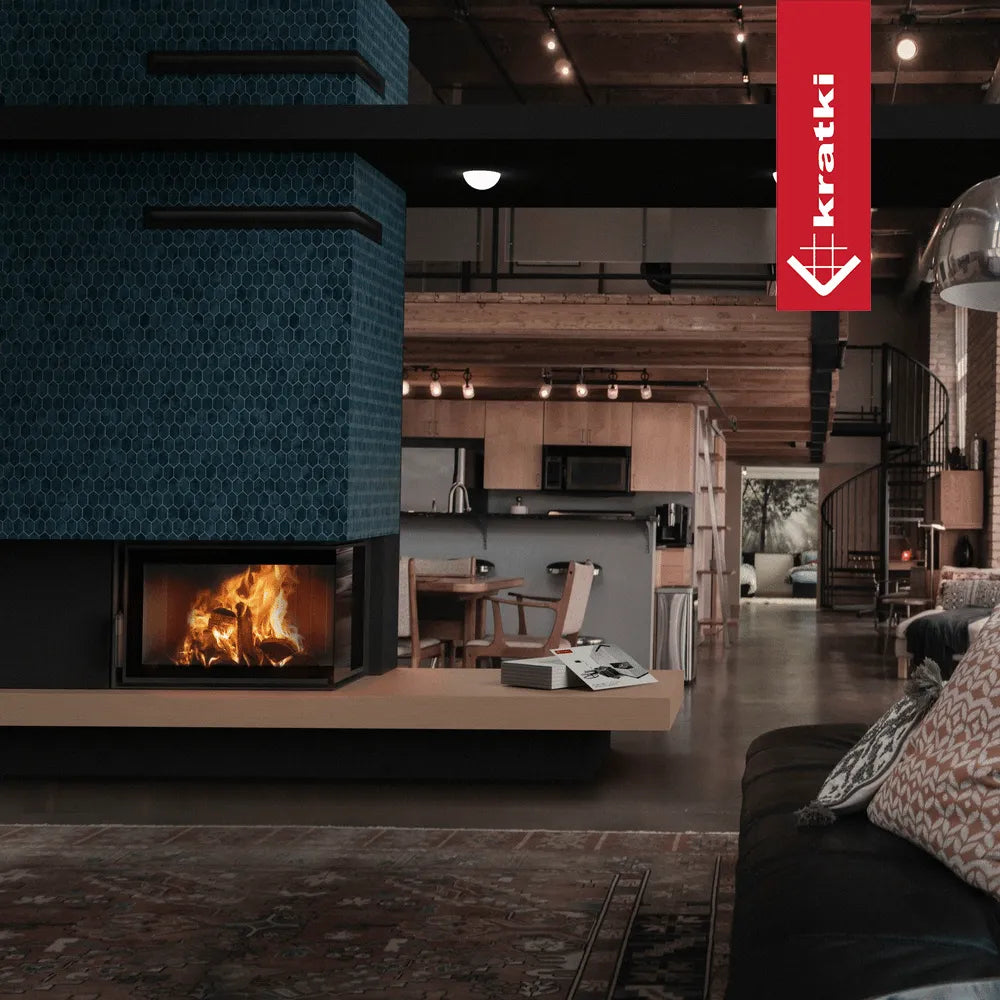 Kratki MBM Rechts haard in moderne loft met open keuken en houten interieur.