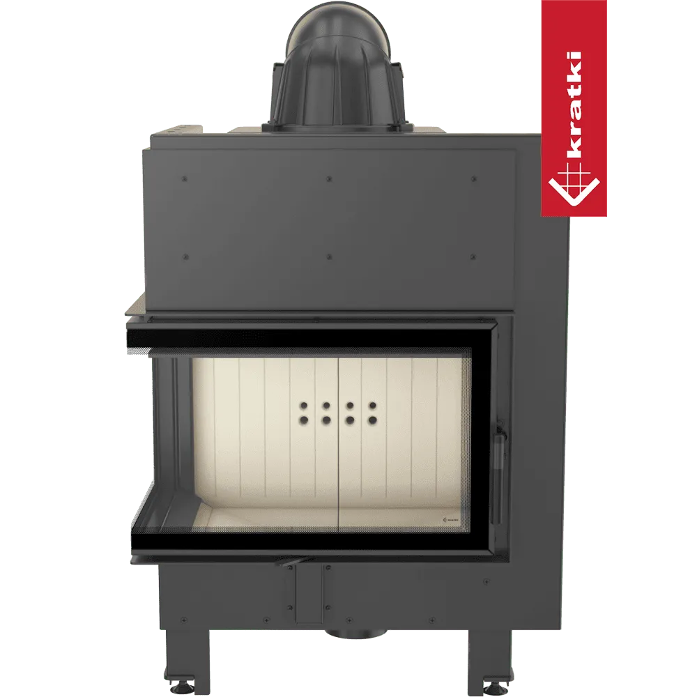 Kratki MBM Links houtkachel met glazen deur en zwart metalen behuizing.