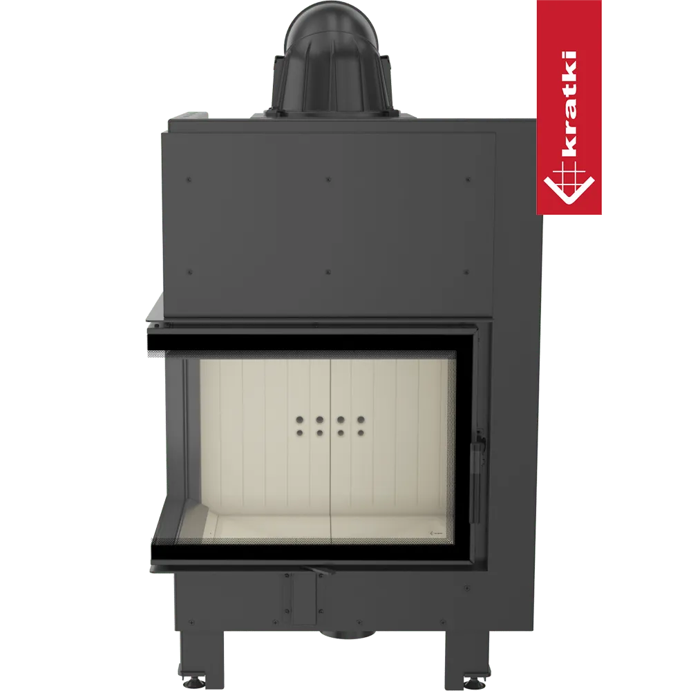Kratki MBZ Links, moderne inbouwhaard met glazen hoekdeur en zwart metalen afwerking.
