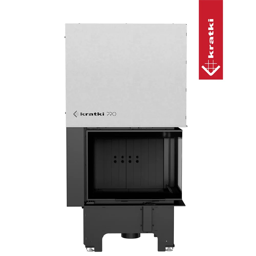 Kratki VNP 610/430, moderne inbouwhaard met zwart interieur en wit omhulsel, logo rechtsboven.