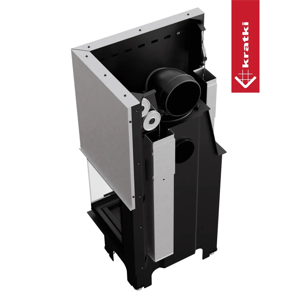 Kratki VNP 610/430, moderne inbouwhaard met zwart en zilverkleurig metalen frame.