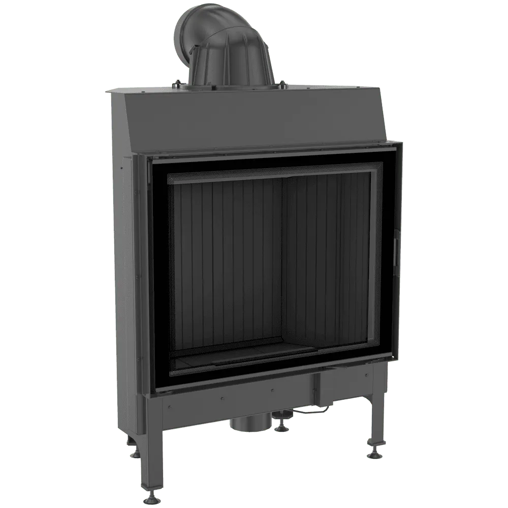 Zwarte Kratki Nadia 13 kW houtkachel met glazen deur en metalen frame.