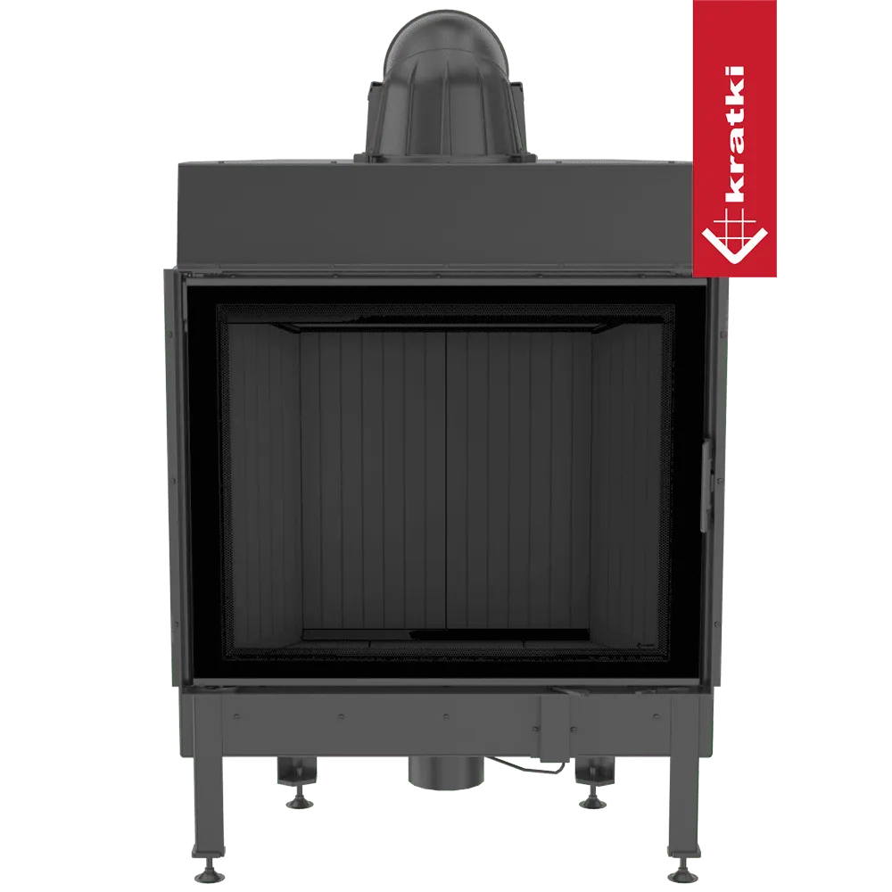 Kratki Nadia 13 kW houtkachel met een modern, zwart ontwerp en groot glazen venster.