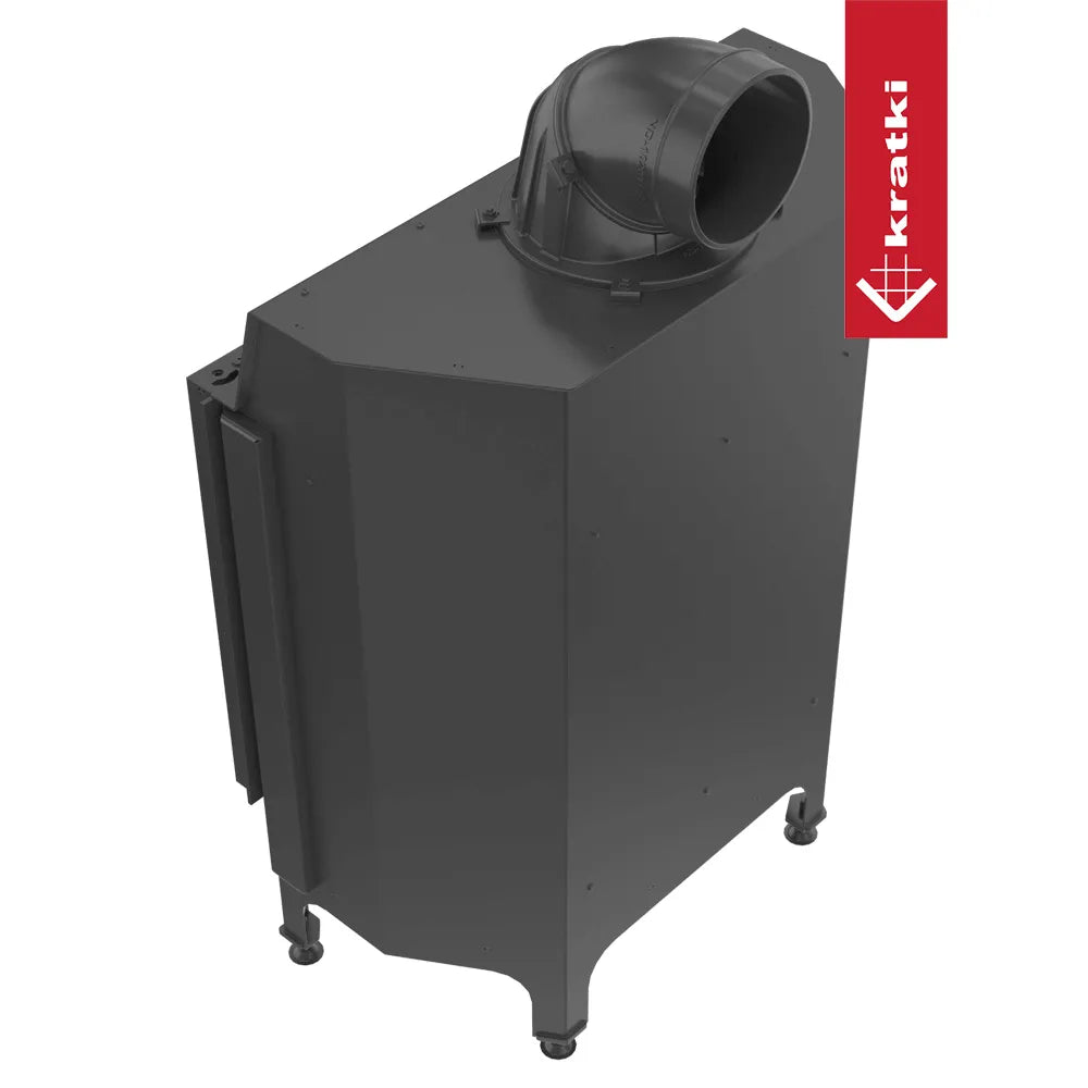 Zwarte Kratki Nadia 13 kW houtkachel met bovenafvoer en modern ontwerp.