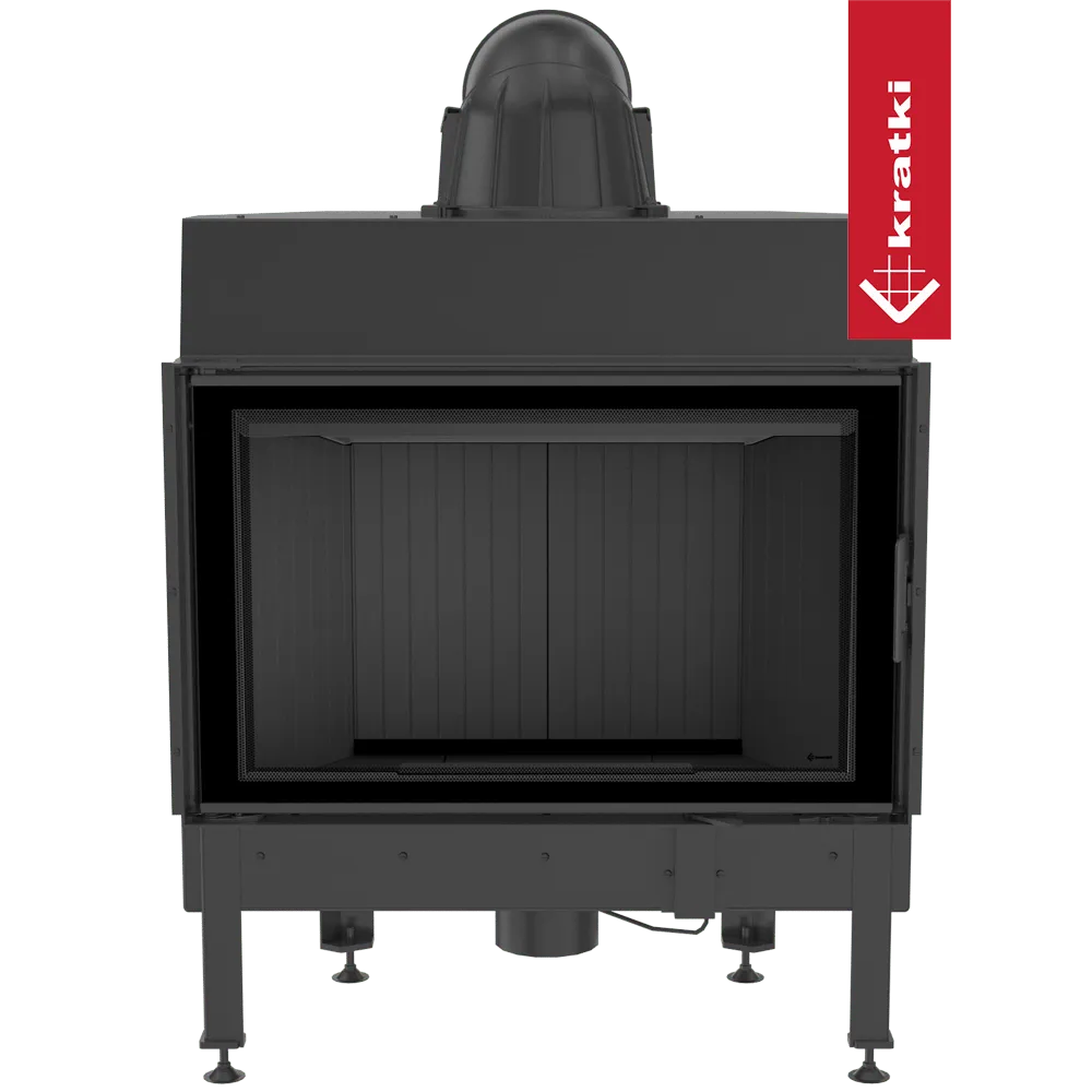 Kratki Nadia 12 kW houtkachel met zwart metalen frame en glazen deur.
