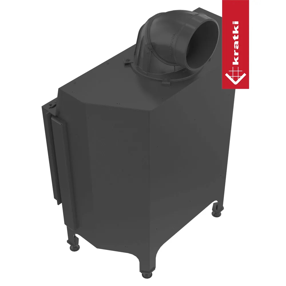 Kratki Nadia 12 kW houtkachel in zwart met bovenafvoer en logo aan de zijkant.