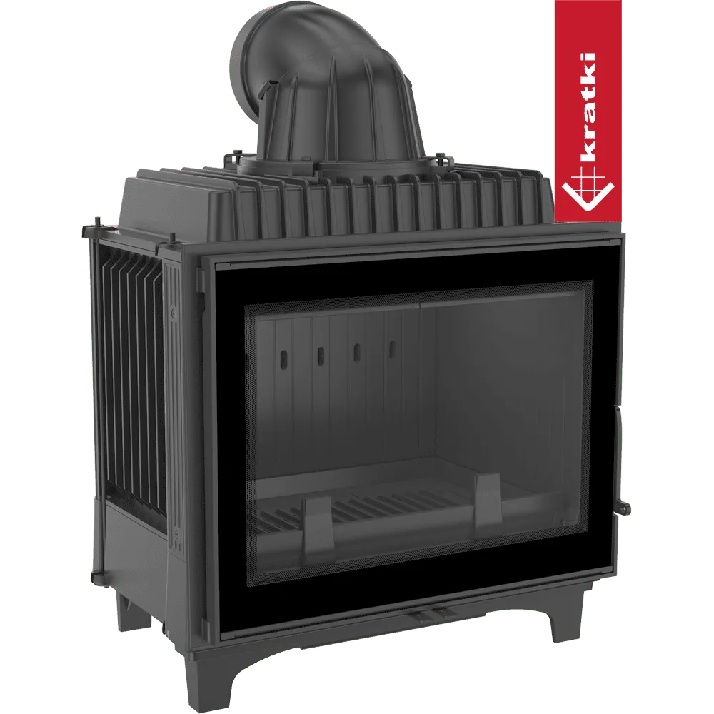 Kratki Franek 12 kW houtkachel met glazen deur en bovenste rookafvoer.