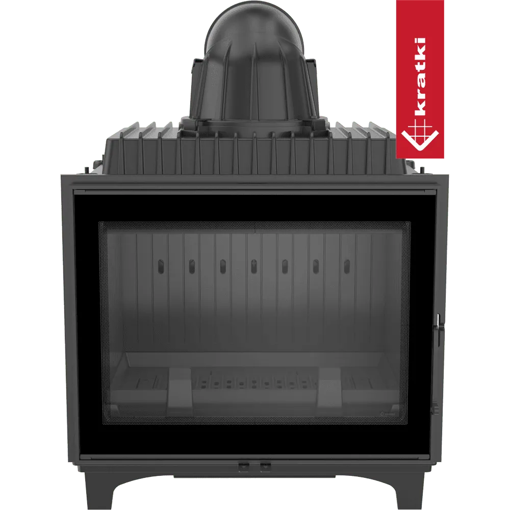 Kratki Franek 12 kW houtkachel met glazen deur en robuust metalen ontwerp.