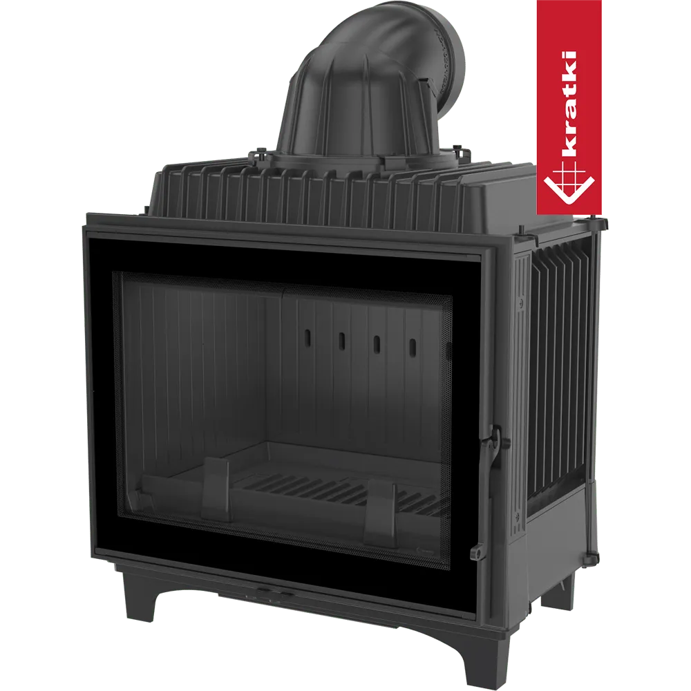 Kratki Franek 12 kW houtkachel met glazen deur en bovenste rookafvoer.