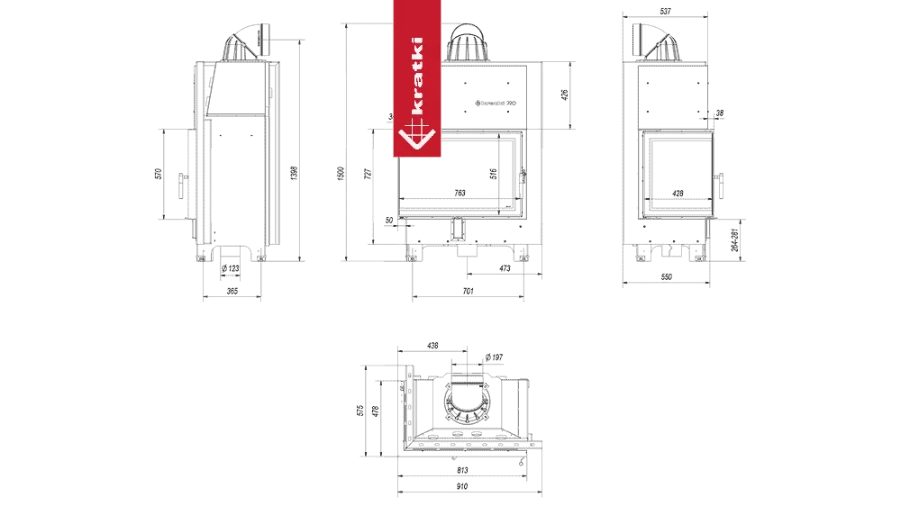 Technische tekening van Kratki MBA Links haard met afmetingen en specificaties.