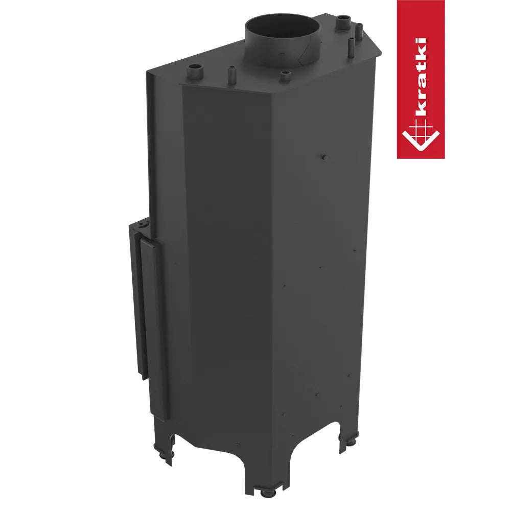 Zwarte Kratki Nadia CV 10 kW houtkachel met bovenafvoer en vier poten.