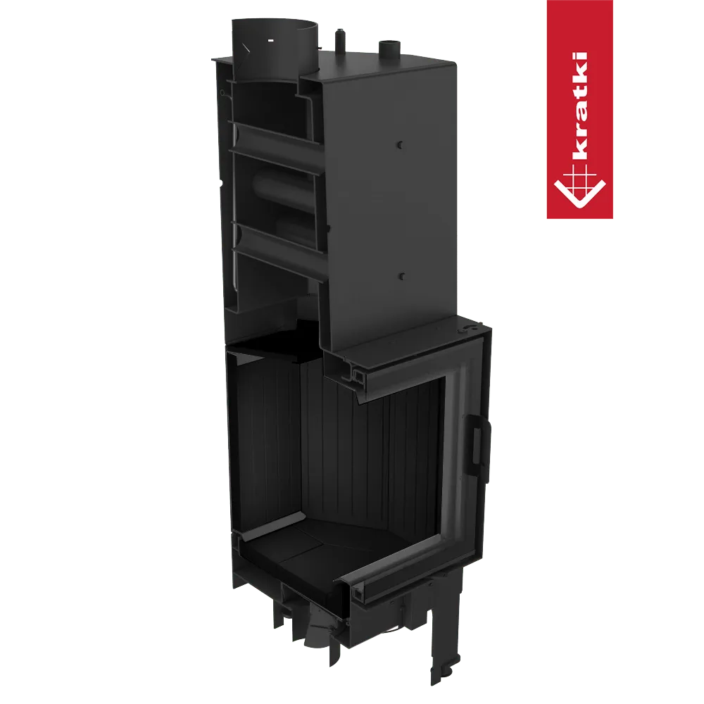 Kratki Nadia CV 10 kW houtkachel met open deur en zichtbare binnenkant.