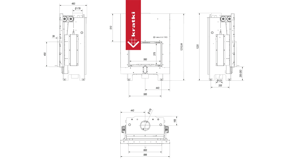 Technische tekening van Kratki MBM CV haard met afmetingen en doorsneden.