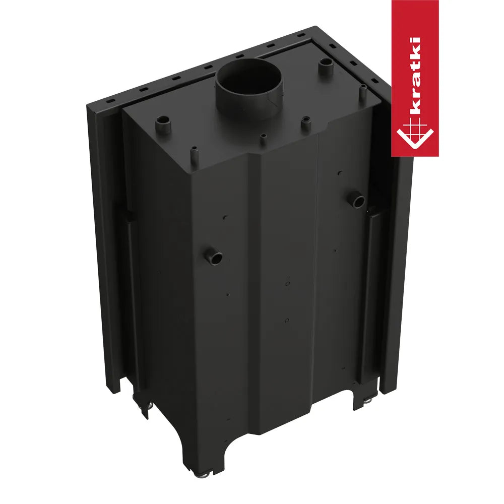 Zwarte Kratki MBM CV Links haard met bovenste rookafvoer en robuuste constructie.