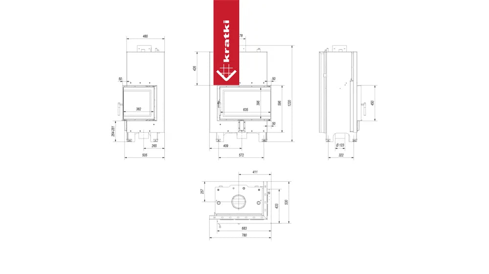 Technische tekening van Kratki MBM CV Rechts met gedetailleerde afmetingen en specificaties.